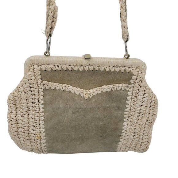 Vintage Handmade Crochet Macrame Straw Suede Shoulder Bag Purse Tan Boho Hippie - Picture 3 of 15
